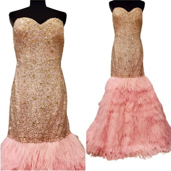 Couture Luxurious Ostrich Feathers Designer Embroidery Evening Prom Gown Dress - Picture 8 of 16